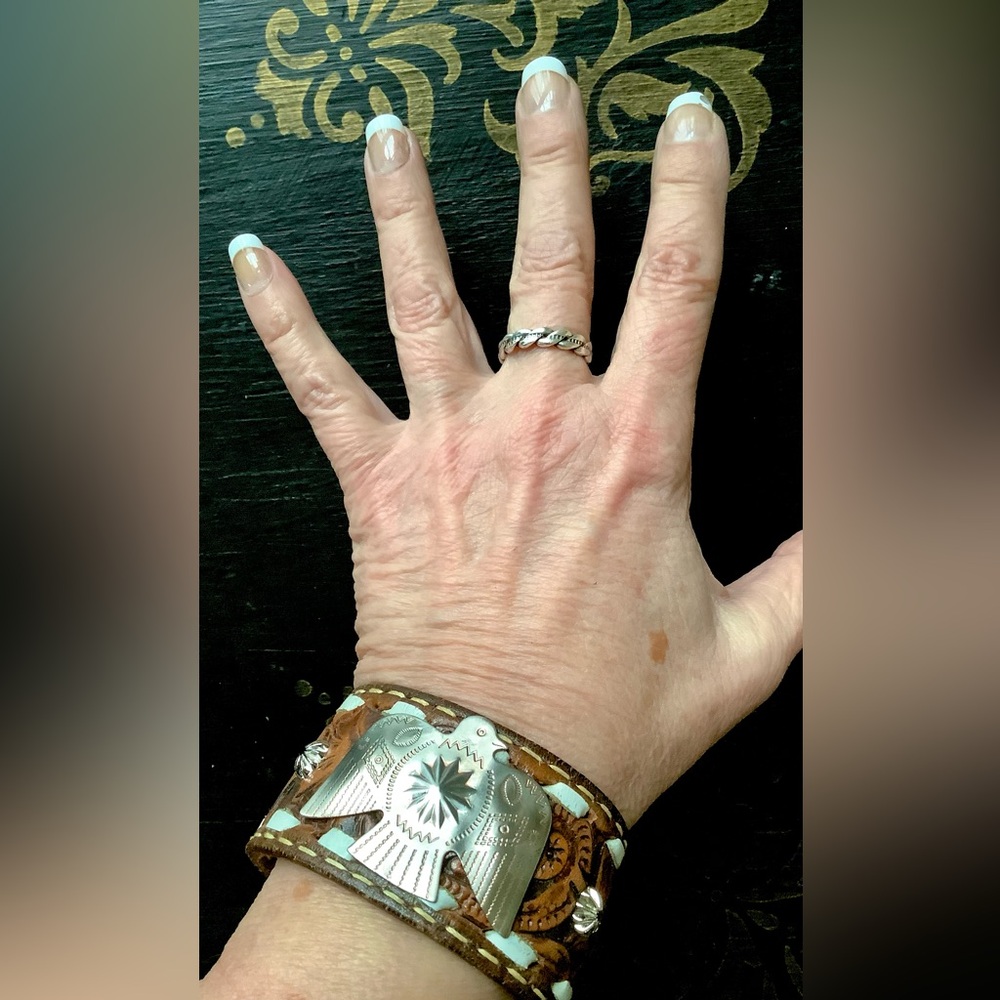 Leather Cuff Bracelet with Thunderbird, up to 6’”wrist